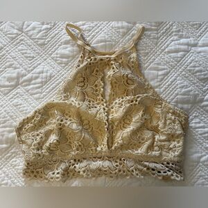 Aerie High Neck Crochet Lace Coquette Bralette in Cream Medium